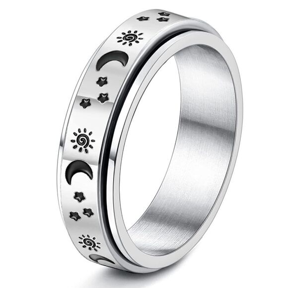 316L Stainless Silver Sun Moon & Stars Fidget Anxiety Stress Relieving Spin Ring - Picture 1 of 4